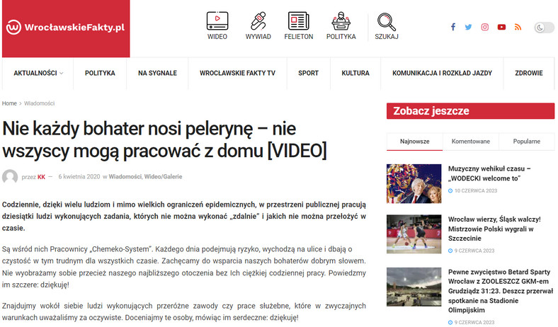 Portal Wrocławskie Fakty o działalności Chemeko-System. 6 kwiecień 2020 r.