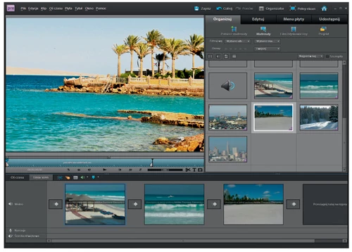 Na pierwszy rzut oka ekran Premiere Elements wydaje się trochę zagmatwany. Jednak po bliższym poznaniu okazuje się, że obsługa programu jest stosunkowo prosta