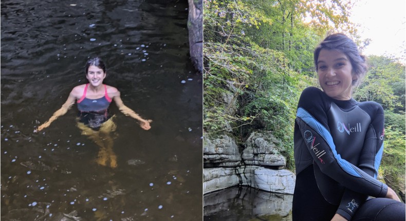 Lauren Crosby Medlicott in the water in a swimsuit and by the river in her wetsuit.
