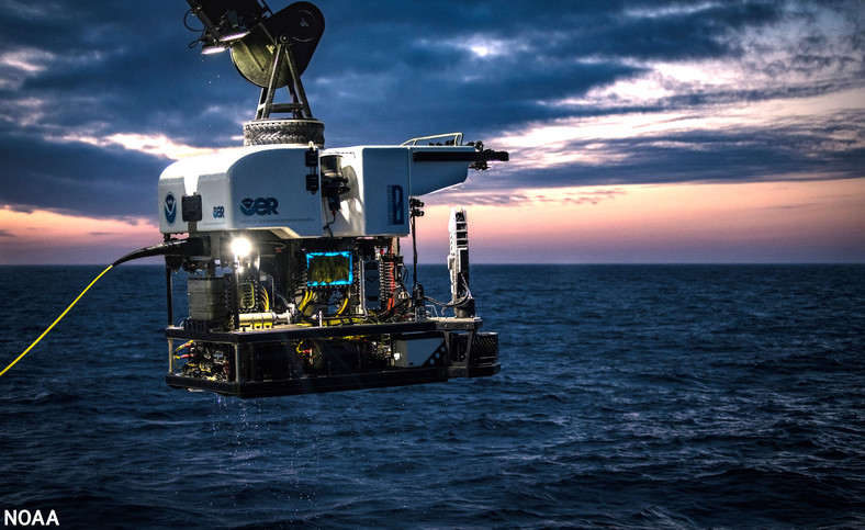 Zdalnie sterowany pojazd Deep Discoverer, wydobyty na powierzchnię po nurkowaniu w obszarze Gully Marine w Nowej Szkocji (2019)