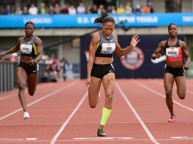 Janeba Tarmoh, Allyson Felix i Tianna Madison (od lewej)