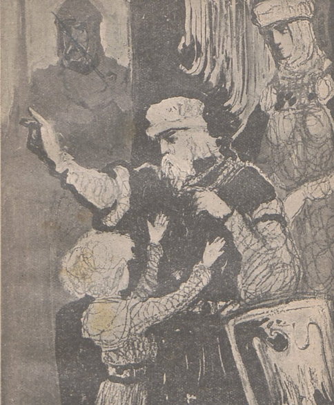 Judyta Salicka (z prawej) kieruje z cienia poczynaniami Władysława Hermana.Grafika XIX-wieczna