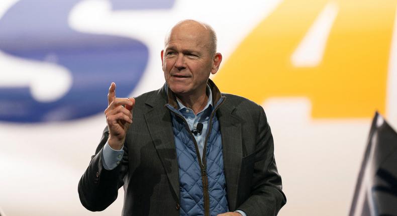 Dave Calhoun, CEO of Boeing, speaks on stage during the delivery of the final 747 jet at their plant in Everett, Washington on January 31, 2023.DAVID RYDER/Reuters
