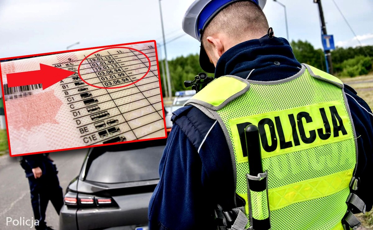 Policjant w odblaskowej kamizelce podczas kontroli drogowej, obok widoczna grafika z zaznaczonymi datami ważności na polskim prawie jazd