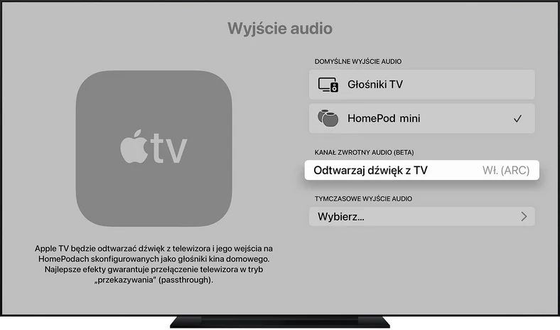 W ustawieniach Apple TV 4K HDR od aktualizacji do tvOS 15.1 pojawiła się nowa pozycja – kanał zwrotny audio. W ten sposób dźwięk z telewizora trafia do Apple TV