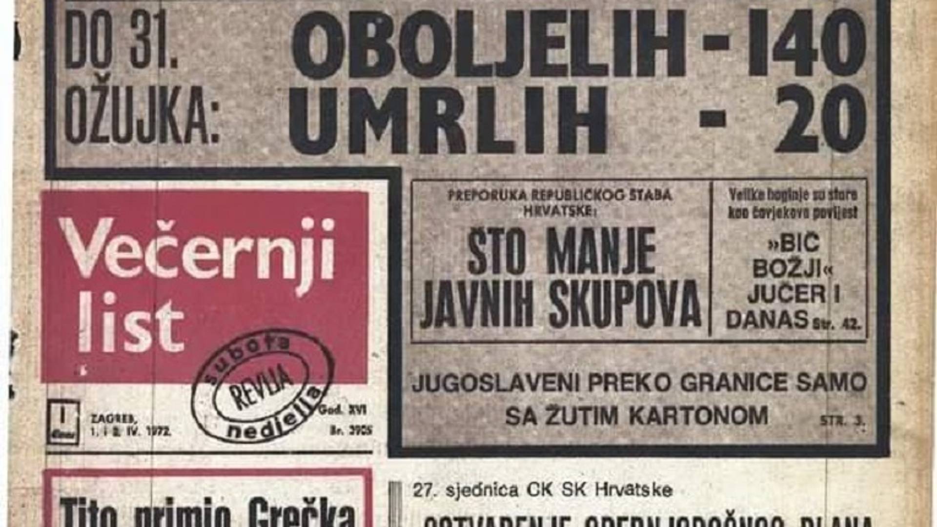 Fejsbukom kruži naslovna strana Večernjeg lista iz 1972. kao dokaz da smo ovo sve već doživeli