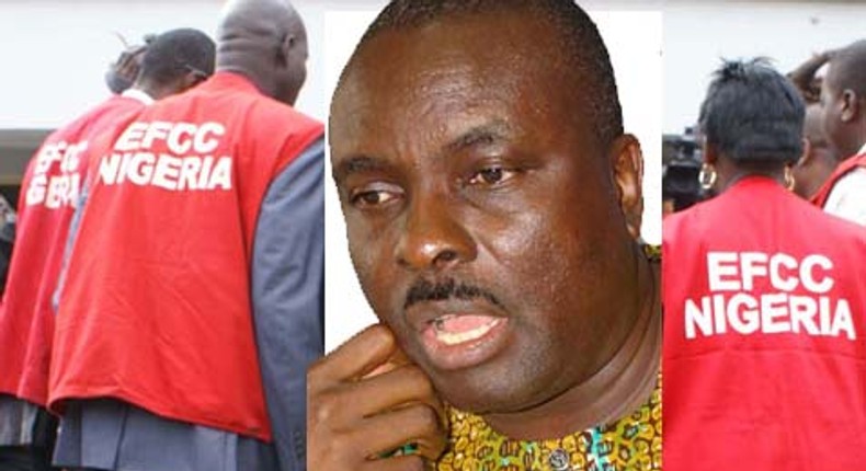 Former Delta state Governor, James Ibori in the picture with EFCC officials cut in.