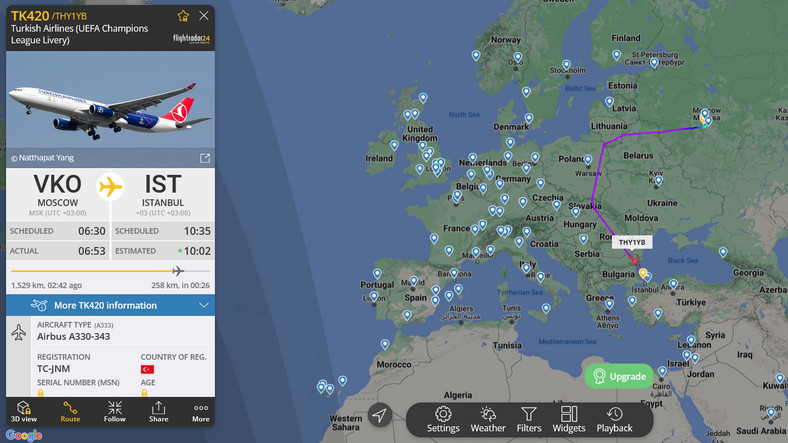 Samolot z Moskwy do Stambułu nad Polską, 13.04.2023