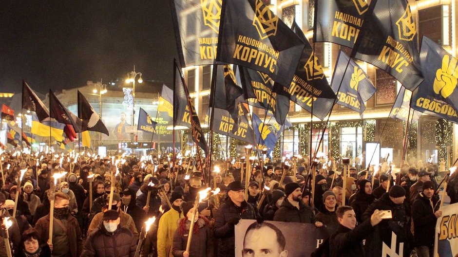 Demonstracja z okazji 112. rocznicy urodzin Stepana Bandery. Kijów, 01.01.2021