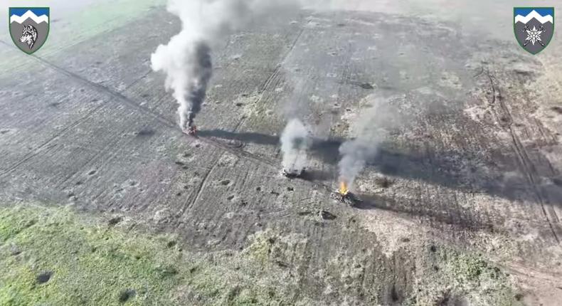 A still taken from video posted by Ukraine's 8th battalion of the 10th mountain assault brigade showing three damaged armored vehicles.Armed Forces of Ukraine/Facebook