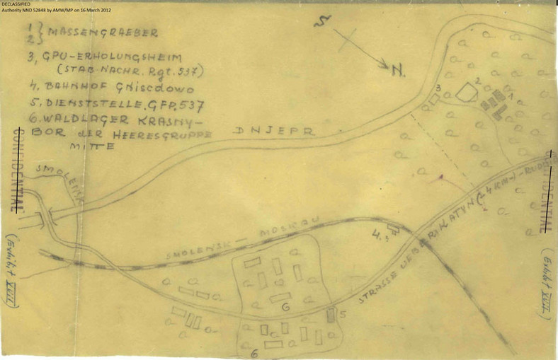 Odręczna mapa miejsca mordu w Lesie Katyńskim. Fot. National Archives