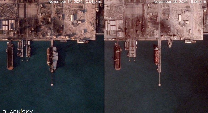 Side-by-side images show the Shahid Bagheri at its berth on November 12 but absent on November 28.BlackSky