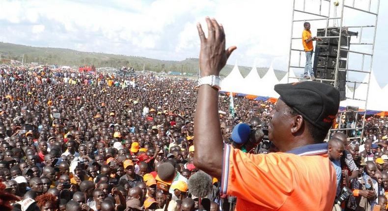 ODM leader Raila Odinga addresses supprters at Kirembe grounds in Kisumu countylast year.