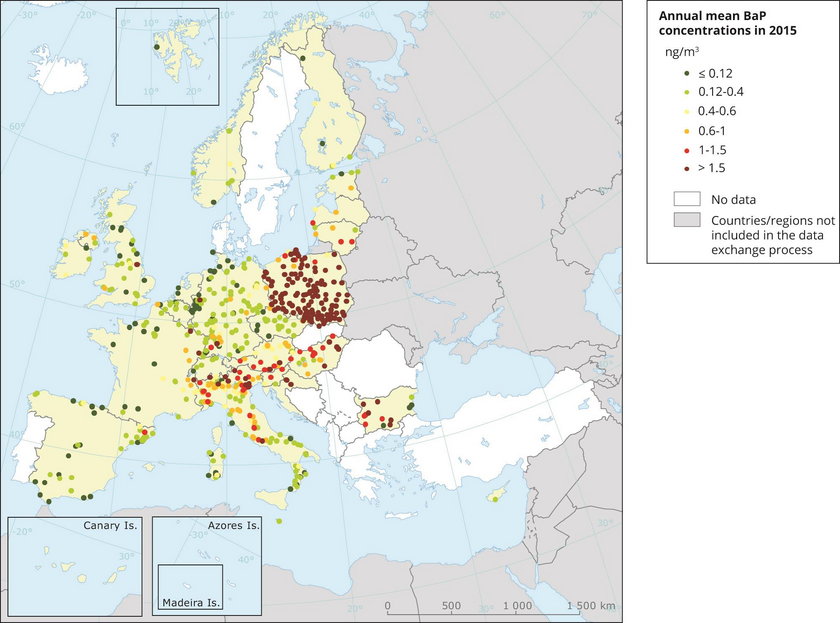 Poziom stężenia benzo(a)pirenu. Kolor czerwony to miejsca, gdzie jest najgorzej (dane Europejskiej Agencji Środowiska,  2015 r.)