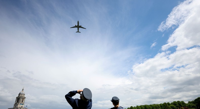 A Royal Air Force (RAF) aircraft takes part in a rehearsal, ahead of the Queen's Platinum Jubilee, over RAF Cranwell in Lincolnshire, Britain, May 24, 2022.