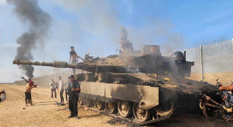 A destroyed Israeli tank in Gaza City, Gaza on October 7, 2023.Hani Alshaer/Anadolu Agency via Getty Images