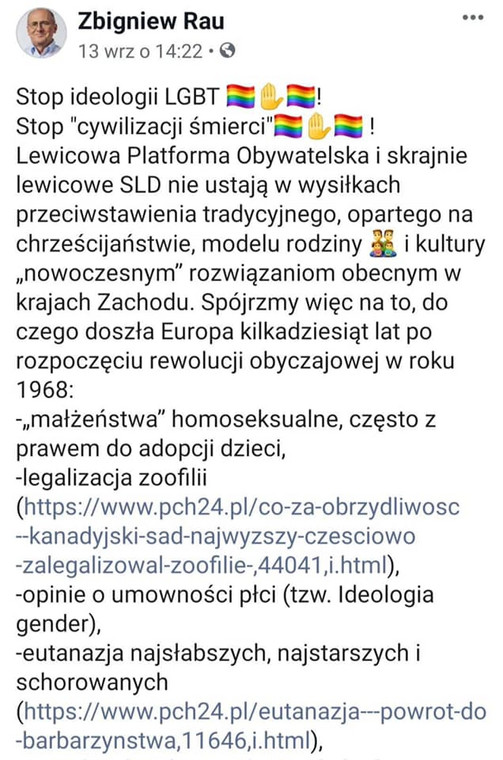 Zbigniew Rau między innymi o "legalizacji zoofilii" – screen z Facebooka z 2019 r. (aktualnie na koncie obecnego ministra nie ma już wpisu na temat tych rzekomych zagrożeń)