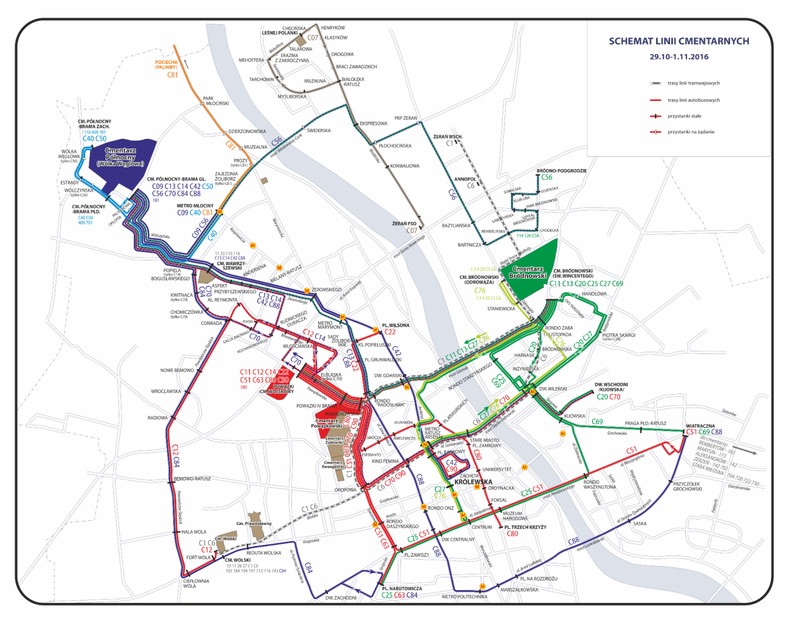 Schemat kursowania linii "cmentarnych" w Warszawie