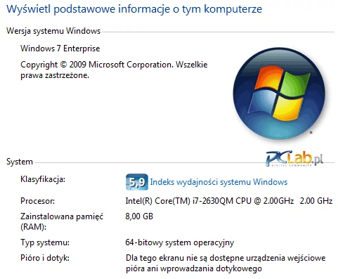 Na dysku zainstalowano Windows 7 Enterprise w wersji 64-bitowej. 8 GB pamięci to dużo, nawet dla wymagających graczy