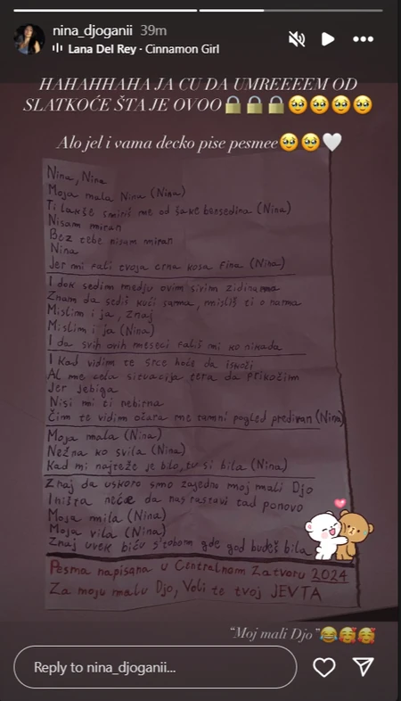 UVhk9kpTURBXy85MWEzOGRjYWU5YjcwNWJjNWZiNjMzMTRmNTJlMmViZC5wbmeRkwLNAcIA3gACoTAFoTEC "PESMA NAPISANA U CENTRALNOM ZATVORU" Nina Đogani se hvali pismom koje joj je poslao dečko sa robije: "Dok sedim među sivim zidinama mislim na nas"