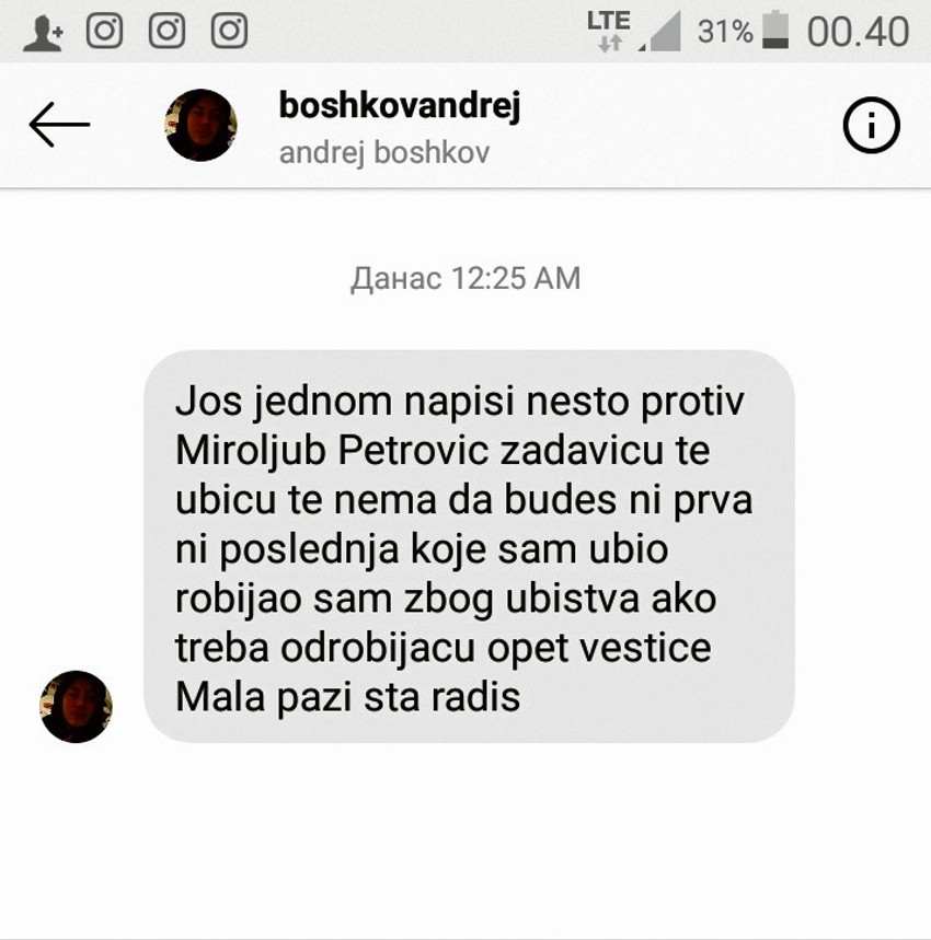 Miroljub Petrović, pretnje novinarki "Blica"