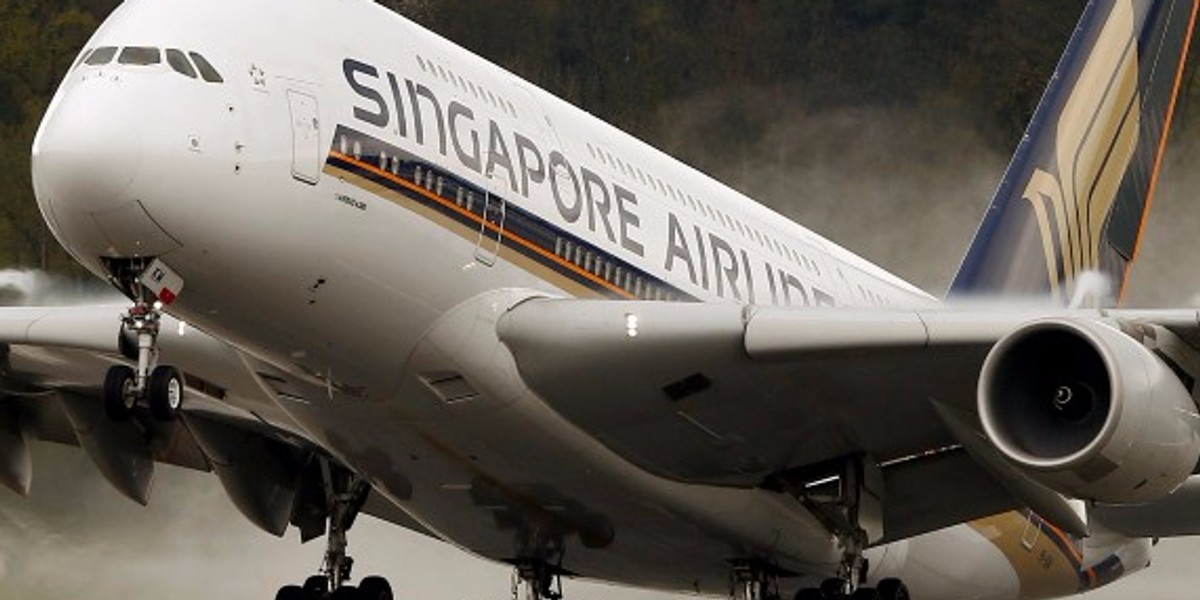 An Airbus A380-841 of Singapore Airlines takes-off from Zurich airport