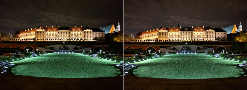 Przykładowe zdjęcia wykonane modułem standardowym w trybie noc z wykorzystaniem standardowego czasu naświetlania 4 sekundy (po lewej) oraz z wydłużonym czasem naświetlania 6 sekund (kliknij, aby powiększyć)  