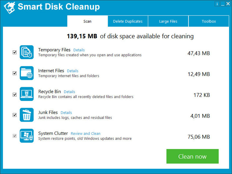 Główne okno programu do oczyszczania dysku twardego - Smart Disk Cleanup