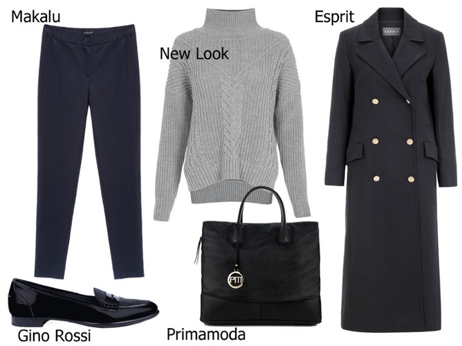 Płaszcz Esprit: wzór Sweter New Look: 119,99 pln Spodnie Makalu: 219 pln Buty Gino Rossi: 379,90 pln Torebka Primamoda: 649,99 pln