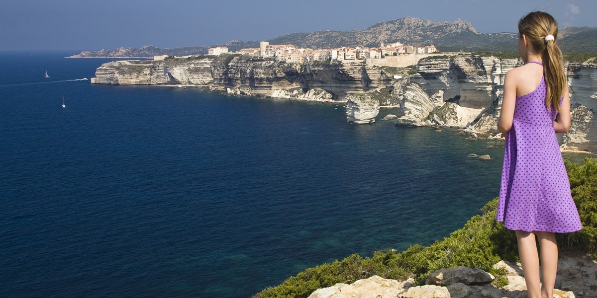 Mother and daughter on the cliffs of Bonifacio, south coast, Corsica, France, Europe