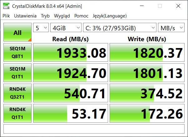 Dream Machines RG3050Ti-15PL26 – CrystalDiskMark 8 – szybkość nośnika SSD