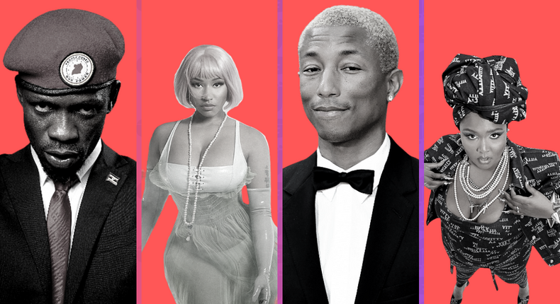 Ugandan politician Bobi wine, American rapper Nicki Minaj, Loius Vuitton Creative Director Pharrell Williams and Lizzo