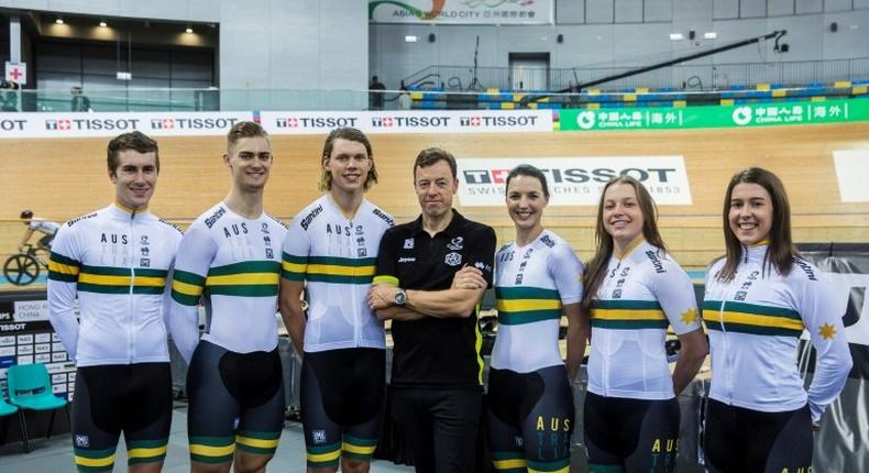 Cycling Australia's new high-performance director Simon Jones (C) with the team at the Track Cycling World Championships in Hong Kong