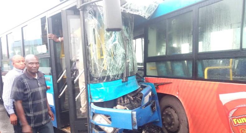 The two BRT buses crashed into each other in the Asolo area of Lagos State [LASTMA]