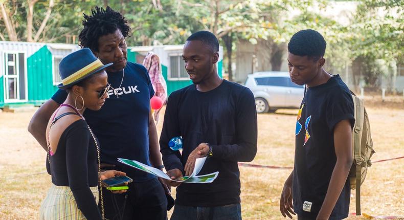 Founder & Curator, ANISZA Foundation, Novo Isioro, with Award-winning writer, Jude Idada, Founding Partners of the Creators Lab, Enare Ejim, Ochiwu Fidel and Meshach Jonathan, Members of Aspirer Thespians, alongside other young Nigerians at the ANISZA's LOVE PARK event on Valentine's Day in Abuja, February 14th 2020