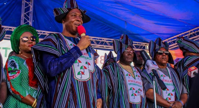 Senate President Bukola Saraki, Atiku Abubakar and Prince Uche Secundus at the PDP presidential campaign rally in Benue state