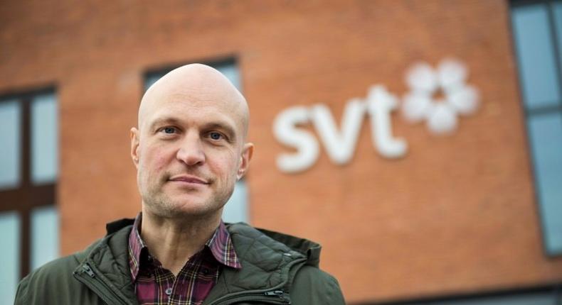 Reporter Fredrik Onnevall poses outside the SVT offices in Malmo, Sweden