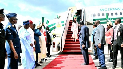 President Bola Tinubu landed at the Presidential Wing of the Nnamdi Azikiwe International Airport, Abuja in the evening of Monday, July 17, 2023. [Daily Trust]