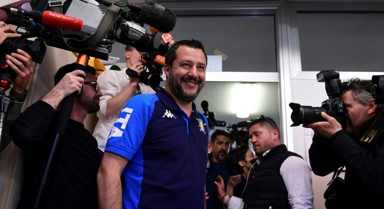 Italian Deputy Prime Minister and Interior Minister Matteo Salvini arrives to cast his ballot at a polling station in Milan with exit polls later showing his far-right party on top in EU elections
