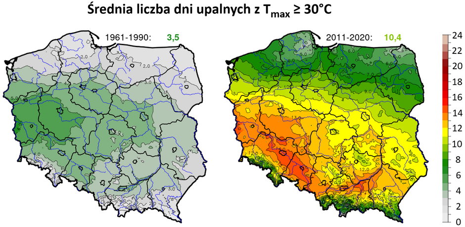 Po lewej: liczba dni z maksymalną temperaturą dobową ≥30°C w okresie 1961-1990, po prawej w latach 2011-2020