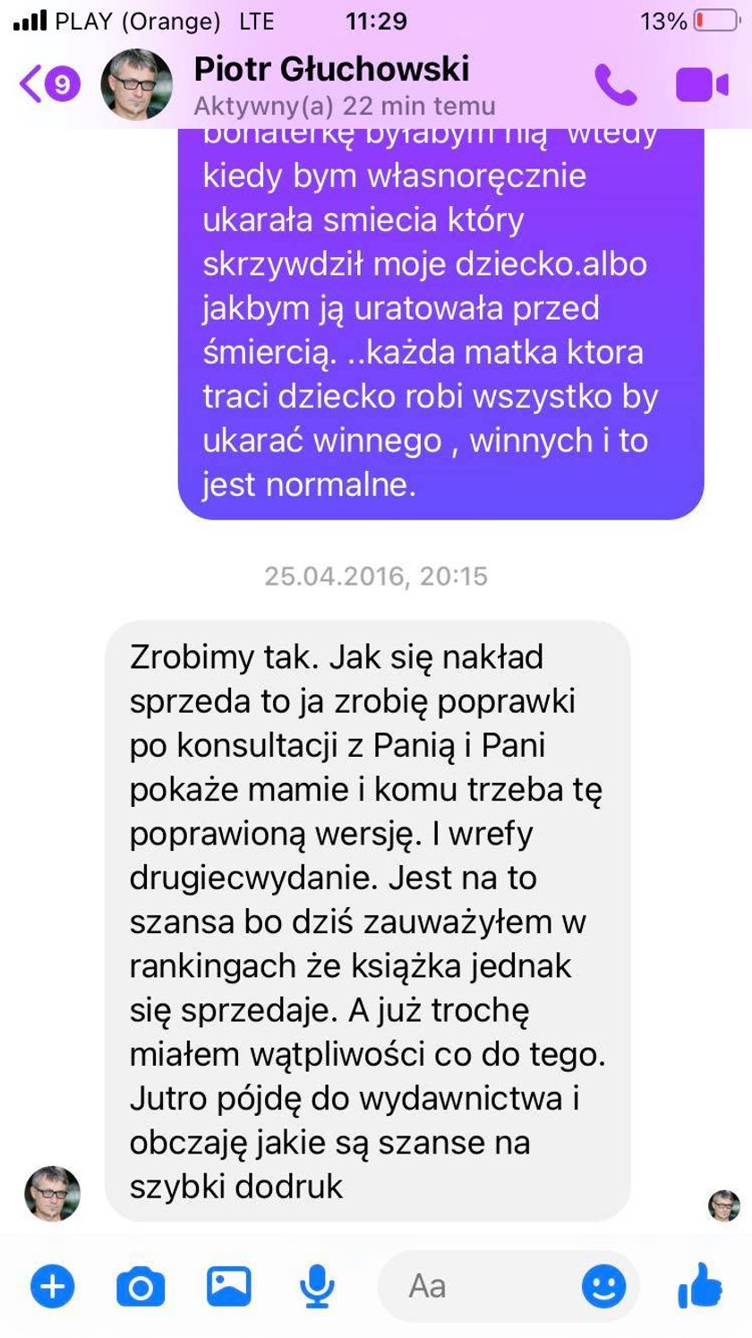 Screeny rozmów Joanny Skiby z Piotrem Głuchowskim