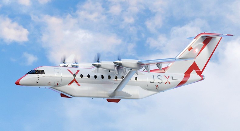 A rendering of the Heart Aerospace ES-30 aircraft in JSX branding. A contract to buy more than 300 hybrid-electric craft would help the semi-private carrier expand service to smaller communities.JSX