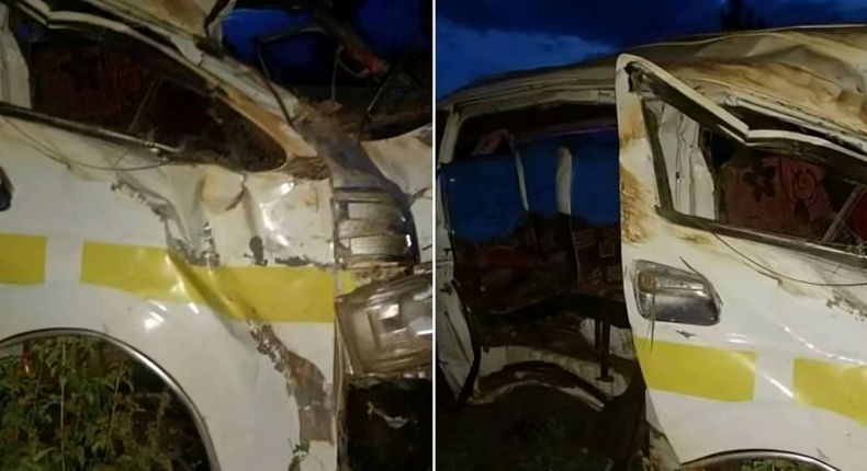 The matatu involved in an accident at Koroma area along the Ngaru-Gatuto road in Kirinyaga County on the night of Saturday, March 23