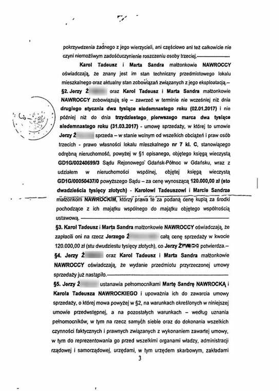 Fragment aktu notarialnego umowy przedwstępnej na zakup mieszkania Jerzego Ż przez Karola i Martę Nawrockich