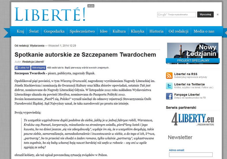 Liberte.pl o Szczepanie Twardochu (screen)