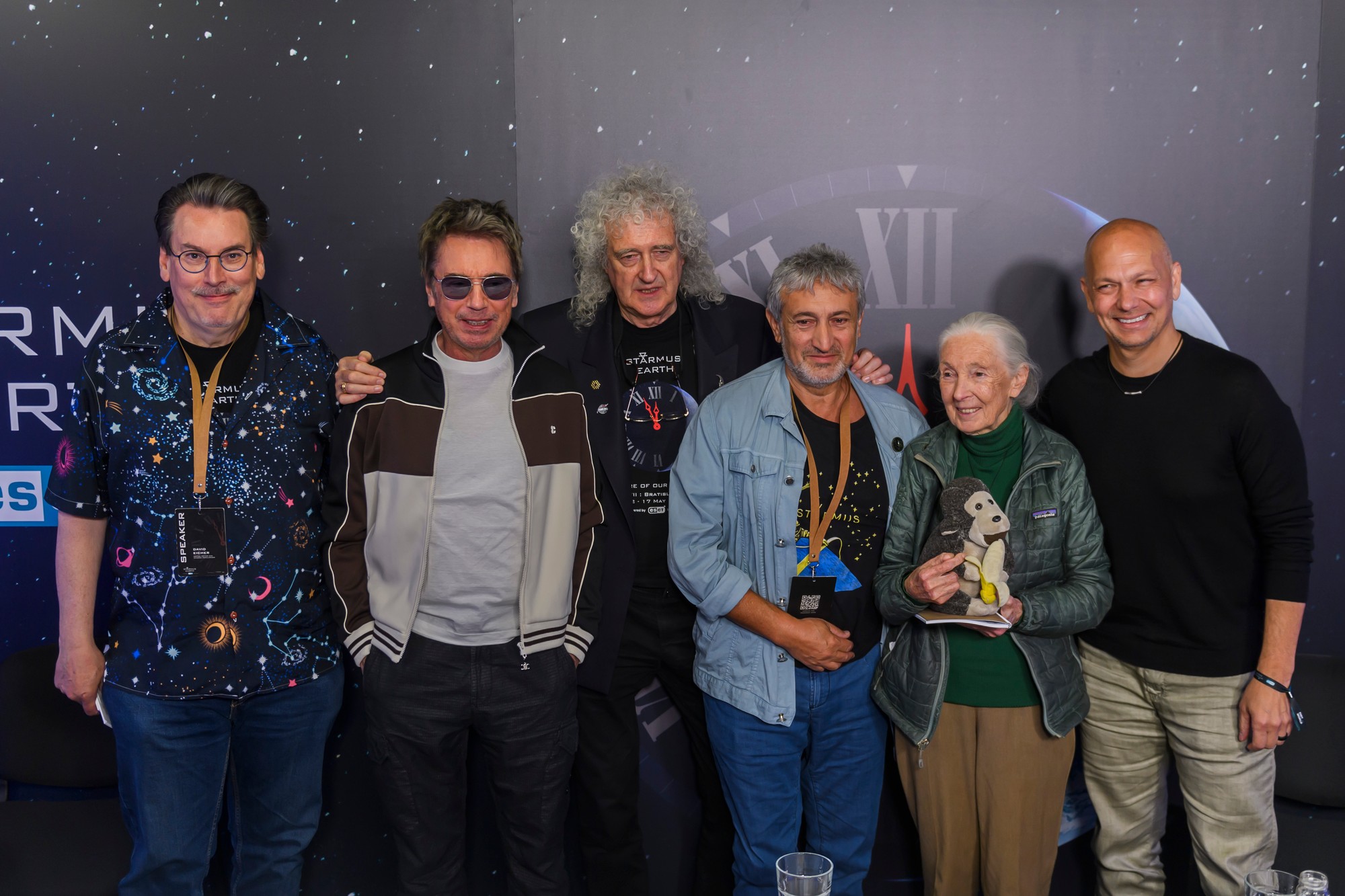 Na snímke  členovia poradnej rady festivalu Starmus, zľava editor, spisovateľ a popularizátor vedy David Eicher, hudobníci Jean-Michel Jarre, Brian May, zakladateľ festivalu Garik Israelian, etnologička a ochrankyňa prírody Jane Goodallová a Tony Fadell počas prvého dňa festivalu Starmus.