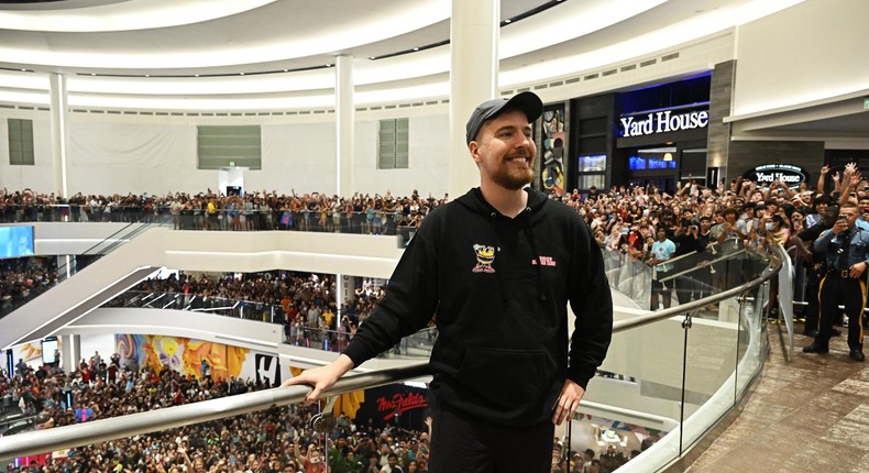 MrBeast — whose real name is Jimmy Donaldson but whose real title is YouTube's biggest star — opening a MrBeast restaurant in a New Jersey mall in 2022.Dave Kotinsky/Getty Images for MrBeast Burger