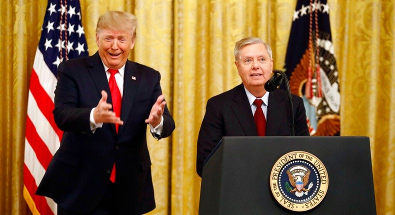 Then-President Donald Trump gestures as Sen. Lindsey Graham speaks about an upcoming afternoon vote in the Senate during an event in the White House on November 6, 2019.