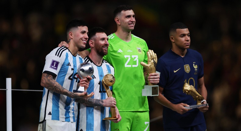 From left: Enzo Fernandez, Lionel Messi, Emiliano Martinez and Kylian Mbappe on December 18, 2022.