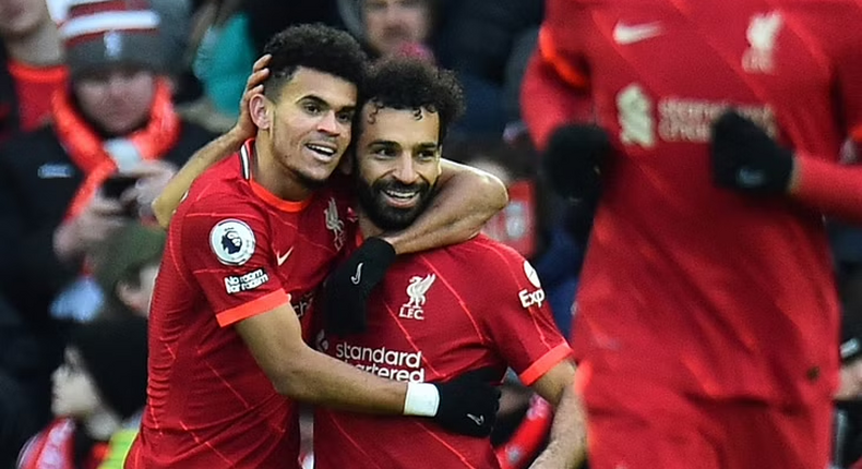 Luis Diaz with teammate Mohamed Salah